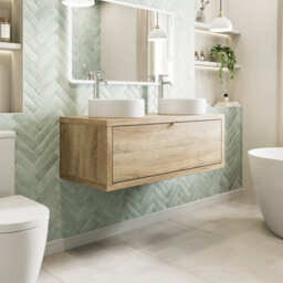 Affine 1100mm Double Countertop Bathroom Vanity Unit Fluted Basin Sink Wall Hung Oak - thumbnail 2