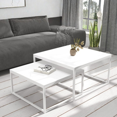 Kama 2 Piece Coffee Table Set Metal Base Legs White With Matt White Tops Modern Matching Duo In Large And Small Sizes - image 1