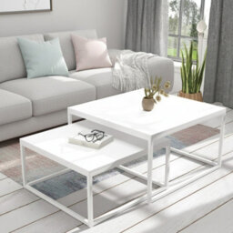 Kama 2 Piece Coffee Table Set Metal Base Legs White With Matt White Tops Modern Matching Duo In Large And Small Sizes - thumbnail 3