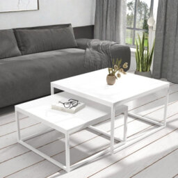 Kama 2 Piece Coffee Table Set Metal Base Legs White With Matt White Tops Modern Matching Duo In Large And Small Sizes