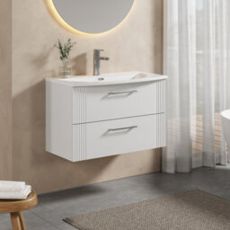 Balterley Belvide Partial Fluted 2 Drawer Wall Hung Vanity Unit With 1 Tap Hole Curved Basin- 800mm - Satin White - thumbnail 6