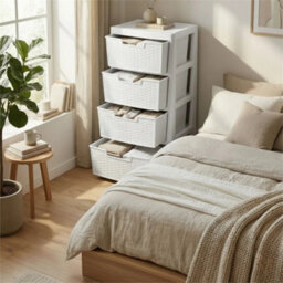 Large 4 Drawers Rattan Storage Unit Modular Tower Plastic Organizer Chest White - thumbnail 4
