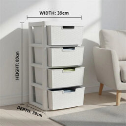 Large 4 Drawers Rattan Storage Unit Modular Tower Plastic Organizer Chest White - thumbnail 2