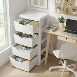 Large 4 Drawers Rattan Storage Unit Modular Tower Plastic Organizer Chest White - thumbnail 3
