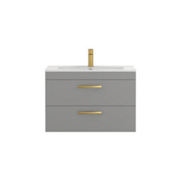 Royal Bathrooms Turin Indigo Grey Gloss 800mm Wall Hung Vanity Unit 2 Drawer With Minimalist Basin Sink & Brushed Brass Handles - thumbnail 6