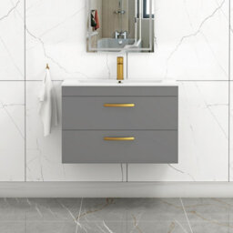 Royal Bathrooms Turin Indigo Grey Gloss 800mm Wall Hung Vanity Unit 2 Drawer With Minimalist Basin Sink & Brushed Brass Handles