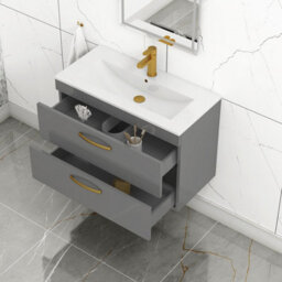 Royal Bathrooms Turin Indigo Grey Gloss 800mm Wall Hung Vanity Unit 2 Drawer With Minimalist Basin Sink & Brushed Brass Handles - thumbnail 5
