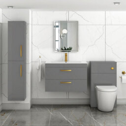 Royal Bathrooms Turin Indigo Grey Gloss 800mm Wall Hung Vanity Unit 2 Drawer With Minimalist Basin Sink & Brushed Brass Handles - thumbnail 4