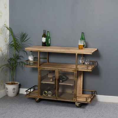 Natural Wood And Metal Bar Cart / Wine Trolley With Double Door Storage - image 1