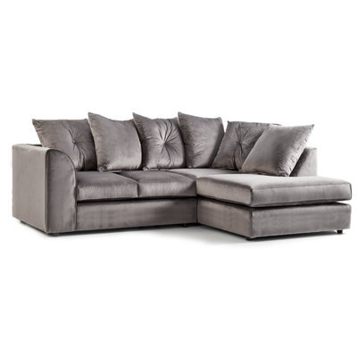 Furnishings For Less UK Fernando Soft Plush Velvet 3 To 4 Seater L Shaped Corner Sofa Grey Right Hand Facing - Scatter Back