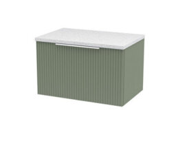 Hudson Reed Fluted Wall Hung 1-Drawer Vanity & Sparkling White Laminate Worktop, Counter Top Vanity Unit In Satin Green, 600mm