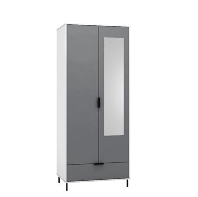 Seconique Madrid 2 Door 1 Drawer Mirrored Wardrobe In Grey And White Gloss Finish - image 1
