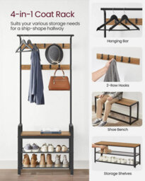 Songmics Vasagle Coat Rack, Coat Stand With Shoe Storage Bench, 4-In-1 Design, With 9 Removable Hooks, A Clothes Rail, For Hallway - thumbnail 4