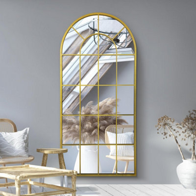 "Mirroroutlet Arcus - Gold Metal Arched Window Leaner / Wall Mirror 71"" X 33.5"" (180X85Cm)" - image 1