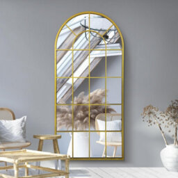"Mirroroutlet Arcus - Gold Metal Arched Window Leaner / Wall Mirror 71"" X 33.5"" (180X85Cm)"