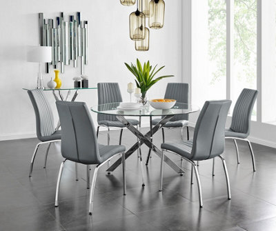 Furniturebox Uk Novara Chrome Metal And Glass Large Round Dining Table And 6 Elephant Grey Isco Chairs Set - image 1