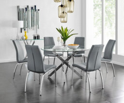 Furniturebox Uk Novara Chrome Metal And Glass Large Round Dining Table And 6 Elephant Grey Isco Chairs Set - thumbnail 1