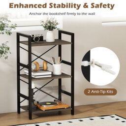 Gainoom 3-Tier Industrial Grey Bookshelf 42 Cm Width Wooden Open Bookcase With Metal Frame - thumbnail 8