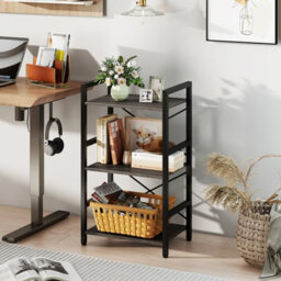 Gainoom 3-Tier Industrial Grey Bookshelf 42 Cm Width Wooden Open Bookcase With Metal Frame