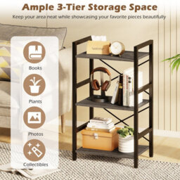 Gainoom 3-Tier Industrial Grey Bookshelf 42 Cm Width Wooden Open Bookcase With Metal Frame - thumbnail 7