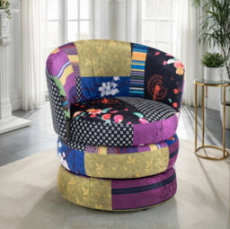 Accent Swivel Chair In Multicoloured Patchwork Fabric - thumbnail 1