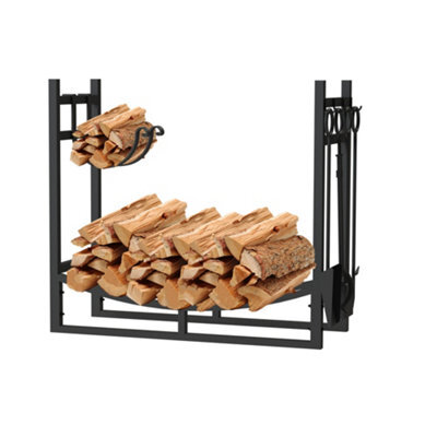 Amos Firewood Stand Log Rack Holder With 4 Piece Fireplace Tools Set Black - image 1