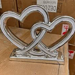 Biznest Multicoloured Double Heart Shaped Glitter Shelf Ornament Ceramic Home Decorative Rectangular Base Gift 27 X 27 Cm (White And Gold)