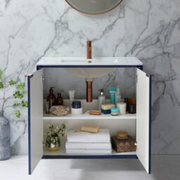 Homestylestore Navy Blue 810mm Wall Hung Bathroom Vanity Unit With Basin And Brushed Copper Finger Pull Handle - thumbnail 2