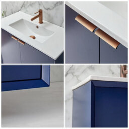Homestylestore Navy Blue 810mm Wall Hung Bathroom Vanity Unit With Basin And Brushed Copper Finger Pull Handle - thumbnail 3