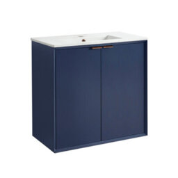 Homestylestore Navy Blue 810mm Wall Hung Bathroom Vanity Unit With Basin And Brushed Copper Finger Pull Handle