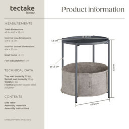 Tectake Bedside Table Canterbury - Round With Removable Shelf, Spacious Basket, 45.5 X 45.5 X 53 Cm - Dark Grey - thumbnail 6