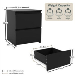 Black Modern 2 Drawer Chest Of Drawers Bedside Table Nightstand Bedroom Furniture - thumbnail 2