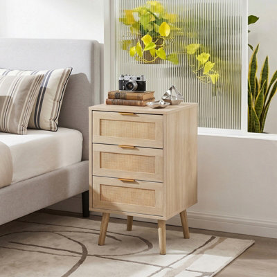 Living And Home Light Wood Grain Rattan 3 Drawer Solid Leg Bedroom Storage Nightstand Table - image 1