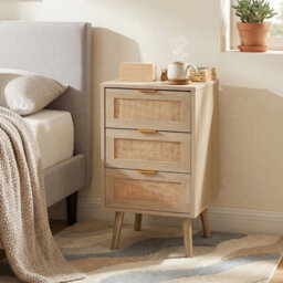 Living And Home Light Wood Grain Rattan 3 Drawer Solid Leg Bedroom Storage Nightstand Table - thumbnail 3