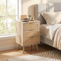 Living And Home Light Wood Grain Rattan 3 Drawer Solid Leg Bedroom Storage Nightstand Table - thumbnail 2