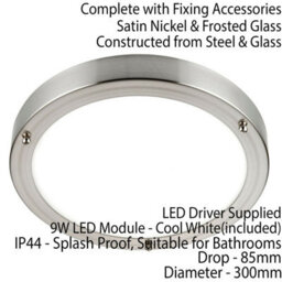 Flush Bathroom Ceiling Light Satin Nickel Ip44 Round Led Cool White Lamp Fitting - thumbnail 2