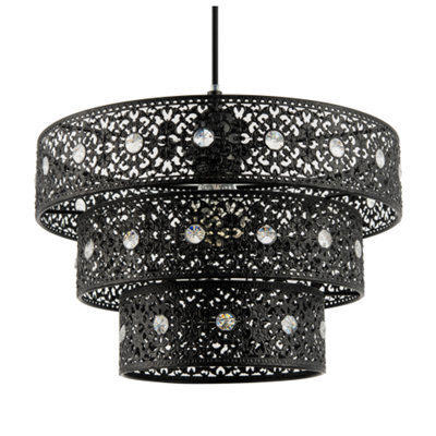 Happy Homewares Matte Black Acrylic Gem Moroccan Style Triple Tier Pendant Lamp Shade - image 1