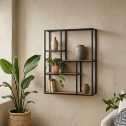 Wyld Haus El Paso Wall Shelf - Matt Black Steel Frame With Wild Oak Effect, 3 Shelves, 750X910X200mm - thumbnail 1