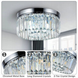 Living And Home Modern Chandelier Double Circle Crystal Shade Chorme Base Mount Ceiling Light - thumbnail 4