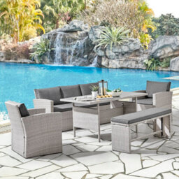 Home Detail Grey Rattan Dark Grey Cushions 5 Piece Garden Corner Sofa Chairs Bench Glass Top Table