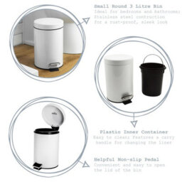 Harbour Housewares 3L Bathroom Bin & Brush Set - Matt Black - Round Stainless Steel Slim Trashcan Pedal Bin & Toilet Brush Set - thumbnail 2