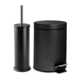 Harbour Housewares 3L Bathroom Bin & Brush Set - Matt Black - Round Stainless Steel Slim Trashcan Pedal Bin & Toilet Brush Set - thumbnail 1