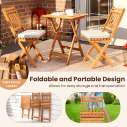 Costway Folding Chair Table Set Outdoor Wood Bistro Set With Cushions-White - thumbnail 8