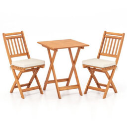 Costway Folding Chair Table Set Outdoor Wood Bistro Set With Cushions-White - thumbnail 4