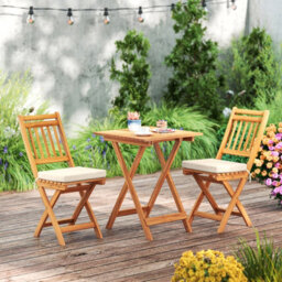 Costway Folding Chair Table Set Outdoor Wood Bistro Set With Cushions-White - thumbnail 3