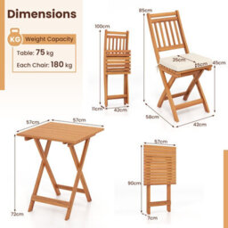 Costway Folding Chair Table Set Outdoor Wood Bistro Set With Cushions-White - thumbnail 2
