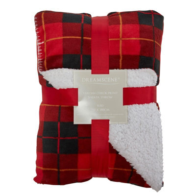 Ohs Large Tartan Sherpa Flannel Fleece Throw Over Bed Blanket Check Red - image 1