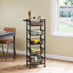 Homcom 5-Tier Kitchen Island On Wheels With 5 Pull-Out Baskets, Light Grey - thumbnail 7