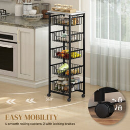 Homcom 5-Tier Kitchen Island On Wheels With 5 Pull-Out Baskets, Light Grey - thumbnail 5