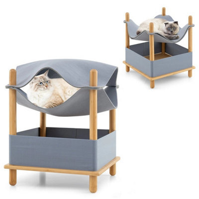 2 Tier Wooden Cat House Modern Cat Tree W/semienclosed Condo - image 1